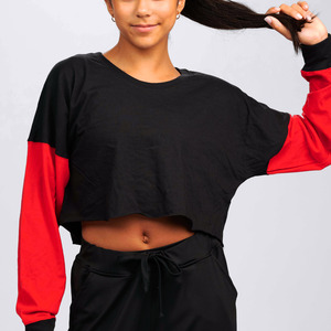 Studio Essentials Colour Block Ladies Boxy Raw Edge Long Sleeve Crop T-Shirt
